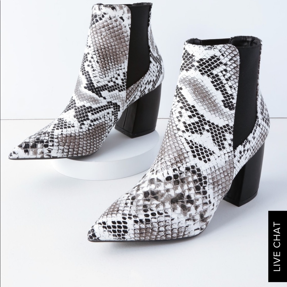 LULU’S CECY BLACK AND WHITE SNAKE ANKLE BOOTS